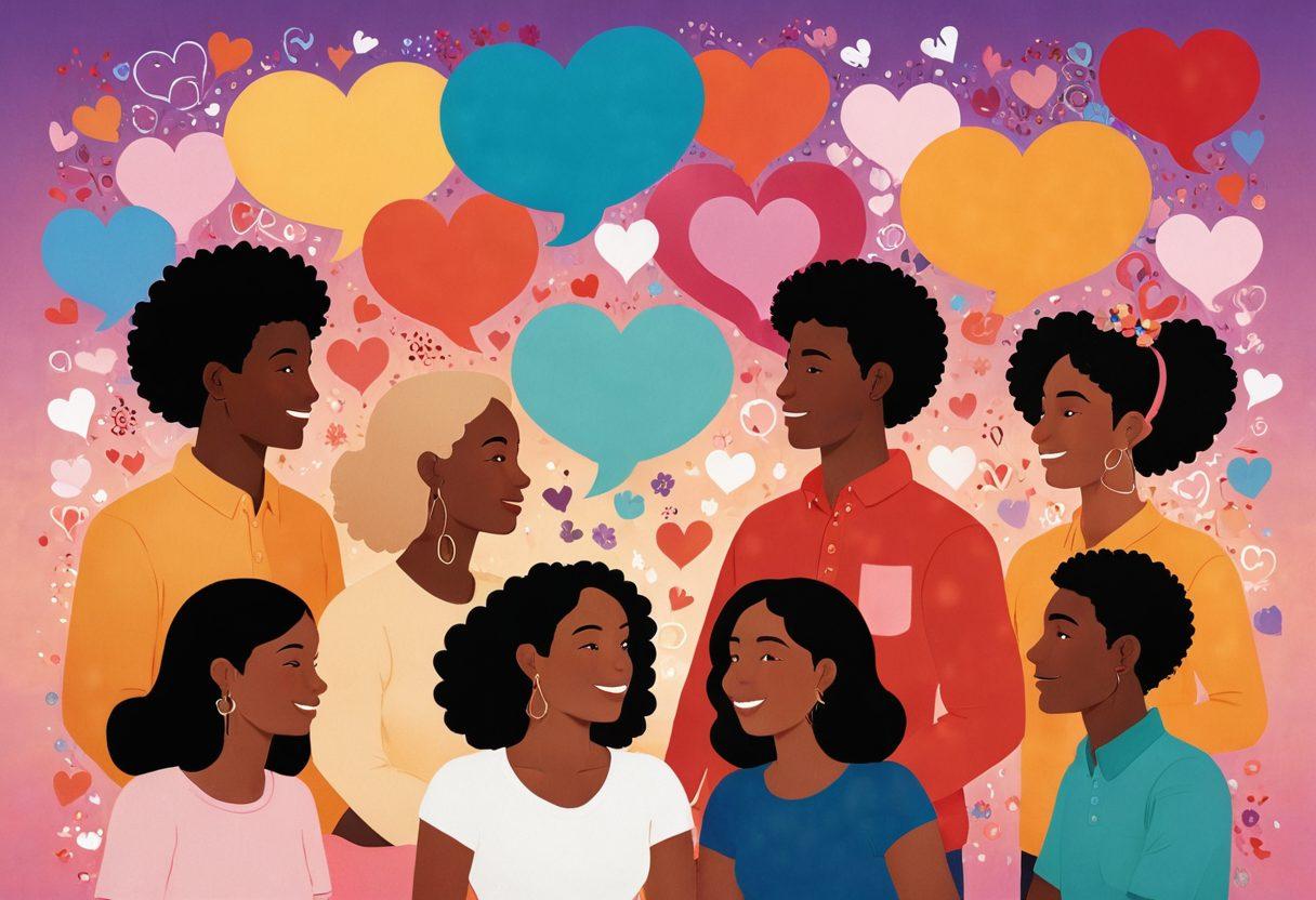 A vibrant digital collage showcasing diverse people connecting online through heart-shaped screens, surrounded by symbols of love like flowers and hearts. Include elements like chat bubbles and virtual meeting icons to represent meaningful conversations. The background should be warm and inviting, symbolizing a loving community. super-realistic. vibrant colors. soft focus.