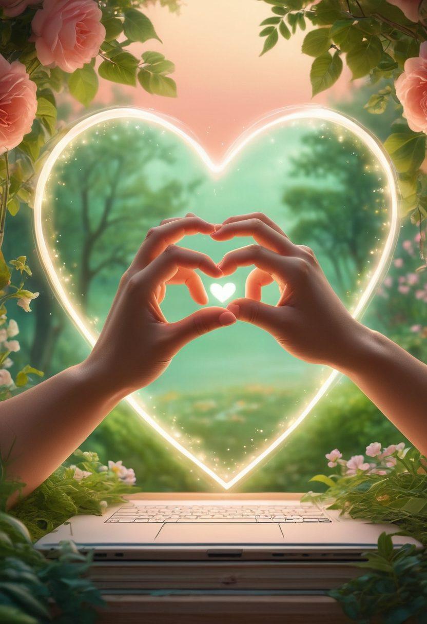 A warm and inviting digital scene depicting two intertwined hands surrounded by heart symbols, glowing screens, and chat bubbles, representing connections in the online romance world. Include soft pastel colors and serene backgrounds with hints of nature to enhance the feeling of warmth and love. super-realistic. vibrant colors. soft focus.
