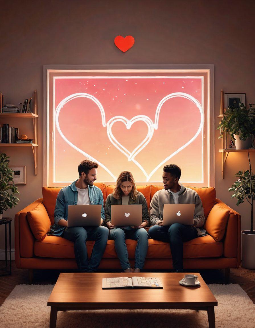 A digital couple sitting together on a cozy couch, engrossed in their laptops with heart-shaped icons floating around them, symbolizing online connection turning into real intimacy. The room is softly lit with warm colors, reflecting a blend of virtual and real life. Add abstract representations of communication, like text bubbles and hearts. romantic, warm tones. super-realistic.